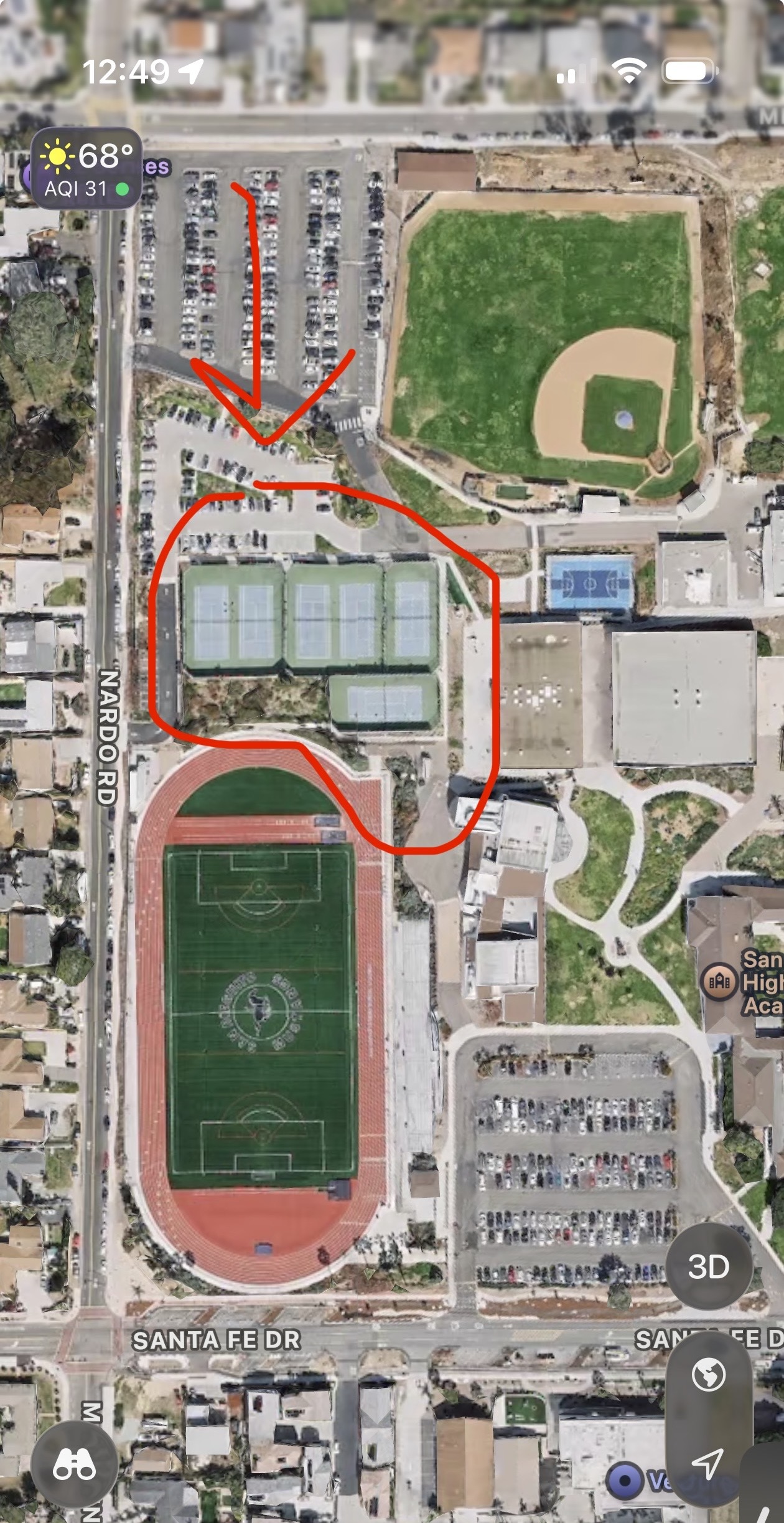 Aerial map showing the SDA tennis courts near Nardo Road and the edge of campus